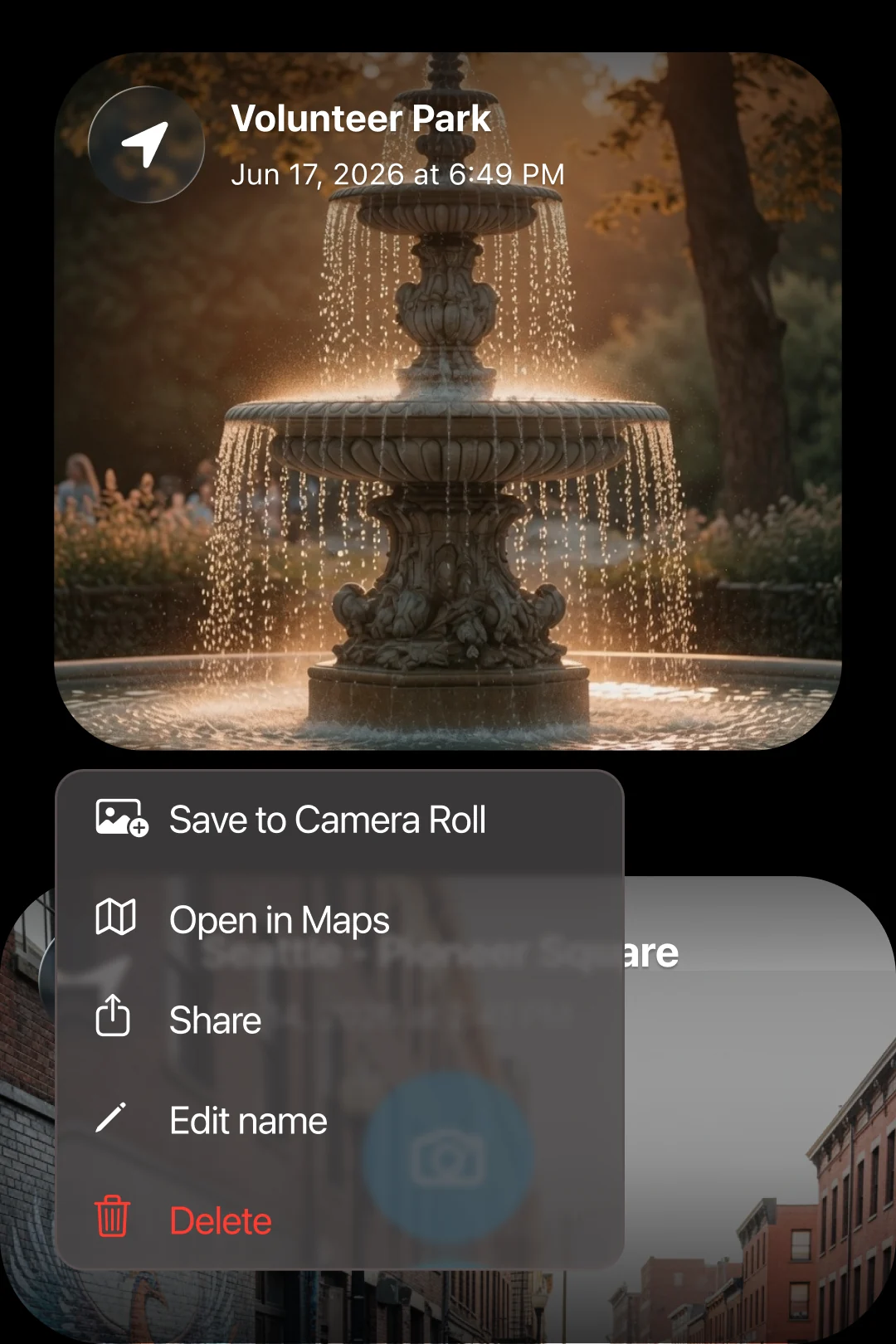 A saved photo of Volunteer Park with the share menu open — Save to Camera Roll, Open in Maps, Share.