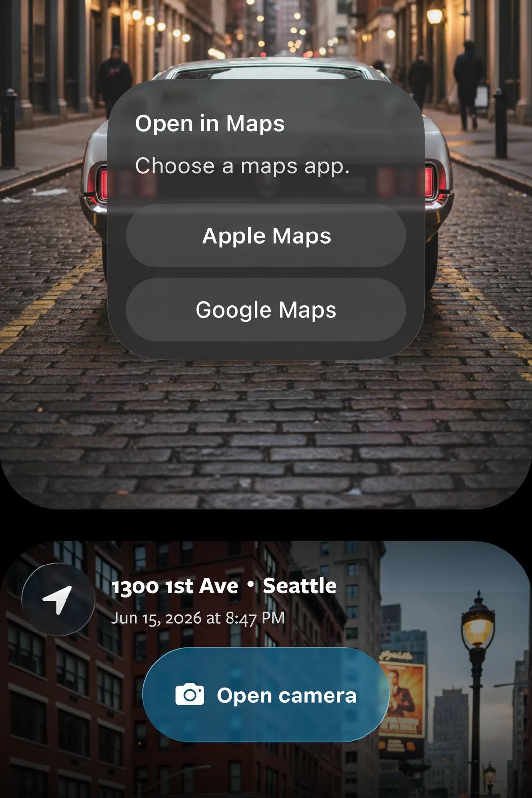 A saved spot showing the Open in Maps dialog, offering Apple Maps or Google Maps.