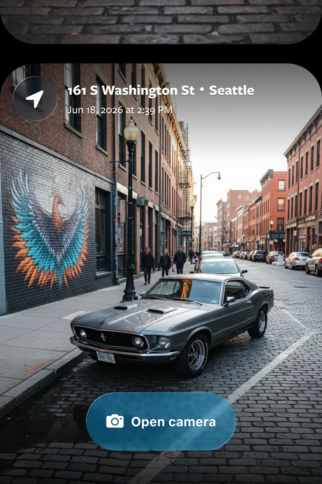 A list of saved spots in the SnapSpots feed, each a geo-tagged photo labeled with its street address.