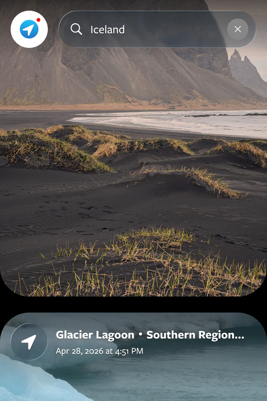 The SnapSpots search bar with “Iceland” typed in, filtering the feed to matching saved spots.