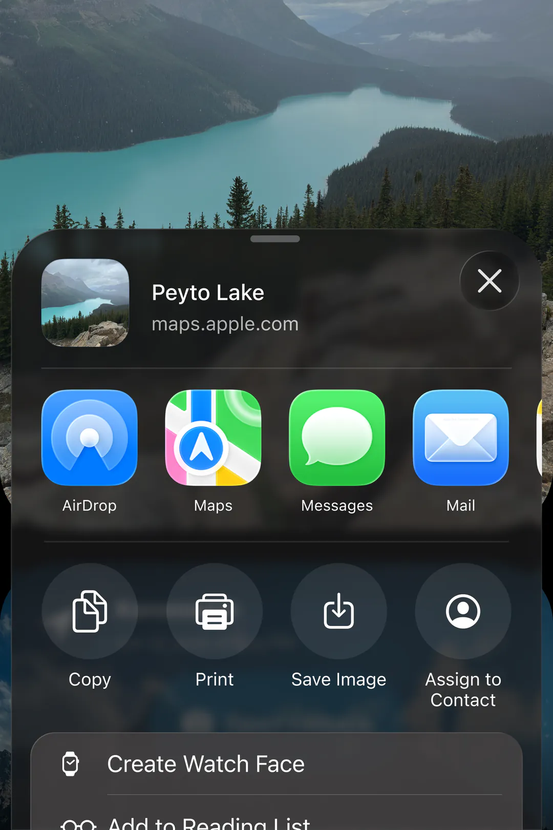 A saved spot with the iOS share sheet open, showing AirDrop, Messages, Mail and more.